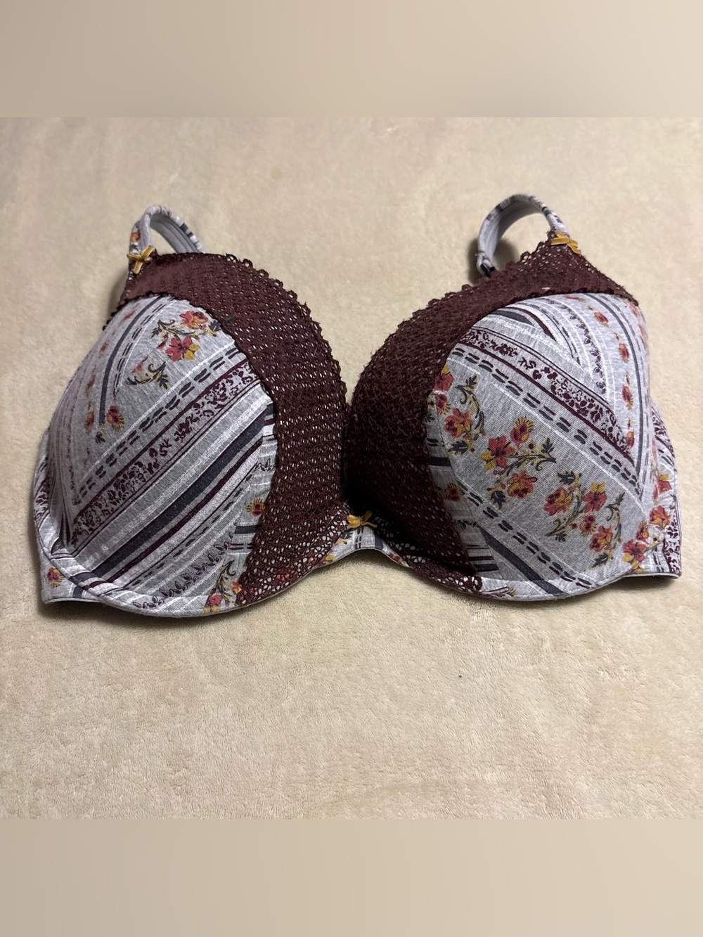 Cacique Floral Stripe Bra with Brown Lace Trim